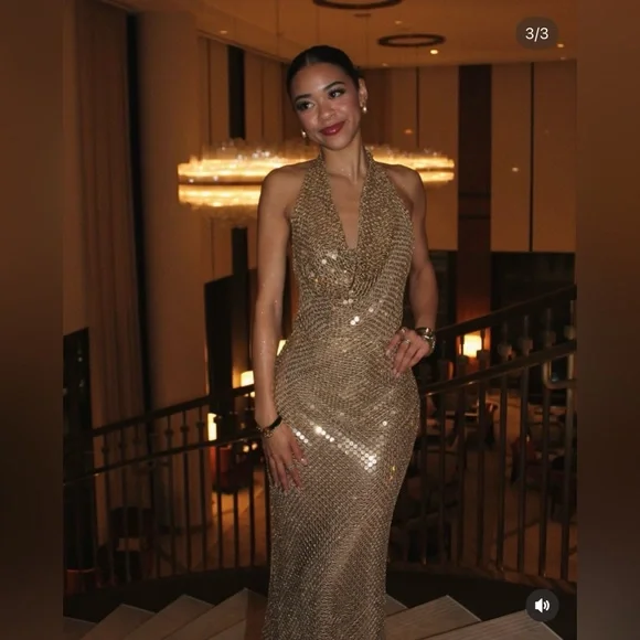 Zara Elegant Gold Sequin Gown halter plunge neck maxi bodycon evening dress - Picture 2 of 10